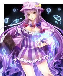 Rule 34 | 1girl, bad id, bad pixiv id, book, bow, breasts, cleavage, crescent, dress, hair bow, hat, koyuri shouyu, large breasts, long hair, magic, patchouli knowledge, purple eyes, purple hair, solo, touhou, water