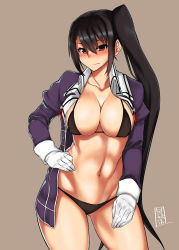 Rule 34 | 10s, 1girl, bad id, bad pixiv id, bikini, black bikini, black hair, blush, breasts, brown eyes, gloves, highres, kantai collection, long hair, meicha, nachi (kancolle), navel, open mouth, side ponytail, signature, simple background, smile, solo, swimsuit, very long hair, white gloves
