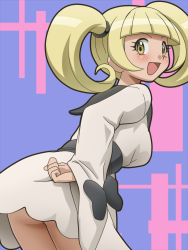 Rule 34 | 10s, 1girl, ass, awa, blonde hair, blush, breasts, creatures (company), female focus, from behind, furisode, furisode girl (pokemon), furisode girl katherine, game freak, hair tie, hand on own hip, japanese clothes, kimono, large breasts, leaning forward, long sleeves, looking at viewer, looking back, matching hair/eyes, nintendo, npc trainer, open mouth, pokemon, pokemon xy, purple background, sash, simple background, smile, solo, standing, twintails, two-tone background, white kimono, yellow eyes