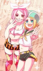 Rule 34 | 2girls, :d, blonde hair, blue eyes, grin, hat, jewelry bonney, kagamine rin, looking at viewer, midriff, miyabata miyoji, multiple girls, navel, one piece, open mouth, patterned legwear, pink hair, short shorts, shorts, smile, suspenders, thighhighs, v, vocaloid