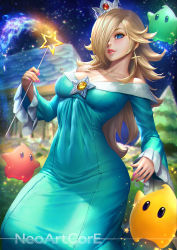 Rule 34 | 1girl, artist name, blonde hair, blue eyes, breasts, building, cleavage, covered navel, crown, gem, hair over one eye, hip focus, holding, holding wand, lips, long hair, luma (mario), mario (series), medium breasts, nail polish, neoartcore, night, night sky, nintendo, paid reward available, parted lips, pink nails, rosalina, signature, sky, solo, space, standing, star wand, super mario galaxy, thighs, tilted headwear, tree, wand, watermark