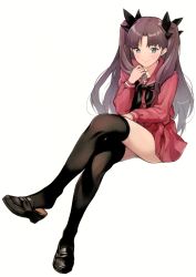 Rule 34 | 1girl, absurdres, black hair, black thighhighs, blue eyes, closed mouth, crossed legs, doushimasho, fate/stay night, fate (series), full body, highres, invisible chair, loafers, looking at viewer, parted bangs, red serafuku, scan, school uniform, serafuku, shoe dangle, shoes, simple background, sitting, solo, thighhighs, tohsaka rin, two side up, white background, zettai ryouiki