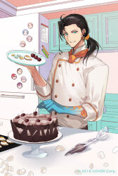 Rule 34 | 1boy, alternate costume, alternate hairstyle, aqua eyes, axel syrios, baking sheet, banzoin hakka, black hair, blue skin, body markings, buttons, cabinet, cake, cake stand, chef, cherry, chocolate, chocolate cake, colored skin, commentary, cookie, copyright notice, double-breasted, earrings, english commentary, facial hair, falling petals, food, food art, fruit, gavis bettel, gradient skin, hair ornament, hair pulled back, hair scrunchie, highres, holding, holding food, holding fruit, holding plate, holostars, holostars english, jacket, jewelry, josuiji shinri, kitchen, looking at viewer, low ponytail, machina x flayon, magnet, magni dezmond, male focus, mixed-language commentary, neckerchief, nitaka (fujikichi), noir vesper, official art, orange neckerchief, orange scrunchie, parted lips, pastry bag, petals, plate, refrigerator, refrigerator magnet, regis altare, scrunchie, sleeves rolled up, smile, solo, stubble, table, triangle earrings, upper body, virtual youtuber, white jacket
