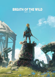 Rule 34 | absurdres, blonde hair, blue sky, blue tunic, boots, copyright name, day, facing away, flower, franlol, gloves, grass, guardian (zelda), highres, holding, holding shield, holding sword, holding weapon, knee boots, link, male focus, master sword, medium hair, nintendo, outdoors, pants, ponytail, ruins, scenery, shield, sky, solo, stone, sword, the legend of zelda, the legend of zelda: breath of the wild, tunic, weapon, white pants