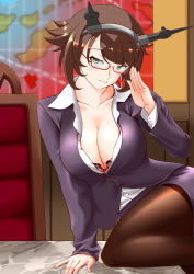 Rule 34 | 10s, 1girl, adjusting eyewear, alternate costume, arm support, bespectacled, blouse, bra, breasts, brown pantyhose, chair, cleavage, collarbone, desk, female focus, formal, glasses, green eyes, headgear, highres, kantai collection, kiriki haruomi, large breasts, light brown hair, map, mutsu (kancolle), office lady, on desk, pantyhose, pencil skirt, red bra, semi-rimless eyewear, shirt, sitting, on desk, skirt, skirt suit, solo, suit, underwear, white shirt