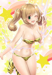 Rule 34 | 1girl, ;d, animal print, areola slip, bandeau, bare arms, bare shoulders, bikini, blush, boots, breasts, brown hair, cleavage, collarbone, commentary request, cosplay, curly hair, electricity, green eyes, hand up, highres, horns, idolmaster, idolmaster cinderella girls, index finger raised, knee boots, large breasts, leg up, long hair, looking at viewer, lum, lum (cosplay), medium breasts, mk (mod0), navel, one eye closed, open mouth, print bikini, round teeth, sato shin, shooting star, smile, solo, standing, standing on one leg, star (symbol), stomach, strapless, strapless bikini, swimsuit, teeth, thighs, tiger print, twintails, upper teeth only, urusei yatsura, yellow bikini, yellow footwear