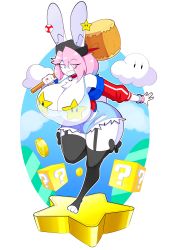 Rule 34 | 1boy, ? block, absurdres, androgynous, backwards hat, bell, blue eyes, breasts, choker, cleavage, cloud, eyebrows hidden by hair, furry, hammer, hat, highres, huge breasts, jewelry, jingle bell, male with breasts, mario (series), nintendo, original, pb (theycallhimcake), pink hair, rabbit ears, ring, short shorts, shorts, smile, solo, standing, standing on one leg, super star (mario), tagme, tank top, theycallhimcake, thick thighs, thighhighs, thighs, toeless legwear