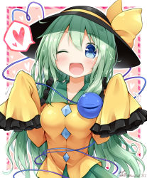 Rule 34 | 1girl, ;d, alternate breast size, alternate hair length, alternate hairstyle, anzu ame, black hat, blue eyes, blush, bow, breasts, commentary request, eyeball, frilled shirt collar, frilled sleeves, frills, green hair, green skirt, hat, hat bow, heart, heart background, heart of string, komeiji koishi, long hair, long sleeves, looking at viewer, medium breasts, one eye closed, open mouth, shirt, signature, skirt, sleeves past wrists, smile, solo, spoken heart, third eye, touhou, twitter username, upper body, very long hair, wide sleeves, yellow bow, yellow shirt