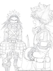 Rule 34 | 2boys, annoyed, bakugou katsuki, boku no hero academia, curly hair, explosive, freckles, furrowed brow, gauntlets, gloves, grenade, hair pulled back, headband, highres, hood, hood down, horikoshi kouhei, looking at another, male focus, mask, midoriya izuku, monochrome, mouth mask, multiple boys, official art, open mouth, profile, short hair, simple background, sketch, spiked hair, white background