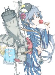 Rule 34 | 10s, 1girl, abyssal ship, akebono (kancolle), anchor, bad id, bad pixiv id, bag, bell, candy apple, cowboy shot, eating, failure penguin, flower, food, from side, hair bell, hair flower, hair ornament, head tilt, highres, i-class destroyer, japanese clothes, jingle bell, kantai collection, kimono, looking at viewer, looking to the side, machinery, mask, monster, ninimo nimo, purple eyes, purple hair, sharp teeth, side ponytail, simple background, smokestack, solo, teeth, water, white background