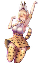 Rule 34 | 10s, 1girl, ;d, animal ears, arm up, armpits, belt, blonde hair, blush, bow, breasts, cat ears, cat tail, elbow gloves, fang, gloves, hair between eyes, highres, kemono friends, large breasts, looking at viewer, nikuku (kazedesune), no panties, one eye closed, open mouth, serval (kemono friends), serval print, serval tail, short hair, simple background, skirt, smile, solo, tail, thighhighs, white background, yellow eyes