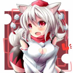 Rule 34 | 1girl, animal ears, bare shoulders, black thighhighs, blush, breasts, cleavage, cleavage cutout, clothing cutout, detached sleeves, fang, female focus, hat, inubashiri momiji, kuromu (underporno), open mouth, pom pom (clothes), red eyes, scarf, short hair, silver hair, skirt, smile, solo, tail, thighhighs, tokin hat, touhou, wolf ears, wolf tail