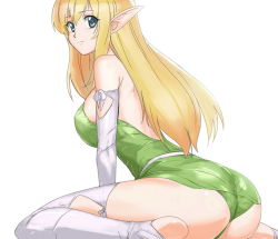Rule 34 | 1girl, ass, bare shoulders, barefoot, blonde hair, blue eyes, breasts, elbow gloves, elf, from behind, gloves, kneeling, large breasts, light smile, long hair, looking back, makacoon, pointy ears, simple background, sitting, solo, thighhighs, tiffania westwood, wariza, white thighhighs, zero no tsukaima