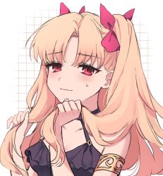 1girl alternate_costume blonde_hair breasts cleavage closed_mouth collarbone commentary curtained_hair ereshkigal_(fate) facing_viewer fate/grand_order fate_(series) frown grid_background hair_behind_ear hair_ribbon hands_up highres holding holding_own_hair light_blush long_hair looking_at_viewer medium_breasts one_side_up portrait red_eyes red_ribbon ribbon solo sweatdrop swimsuit upper_body zhu_li