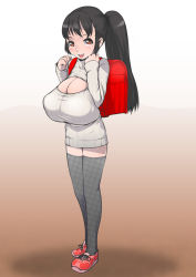 Rule 34 | 1girl, backpack, bad id, bad pixiv id, bag, black hair, blush, breasts, cleavage, cleavage cutout, clothing cutout, full body, huge breasts, j7w, long hair, meikko-chan (j7w), meme attire, open-chest sweater, open mouth, oppai loli, original, ponytail, randoseru, ribbed sweater, sagging breasts, shadow, simple background, smile, solo, standing, sweater, thighhighs, turtleneck