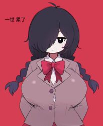 Rule 34 | 1girl, aliceyawnin, alternate breast size, black eyes, black hair, bow, braid, breasts, buttons, chinese text, cowboy shot, funamusea, hair over one eye, highres, huge breasts, kurai yonaka, looking at viewer, mogeko castle, red background, red bow, red skirt, school uniform, skirt, solo, translated
