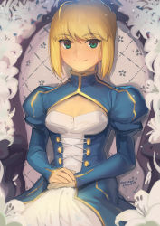 Rule 34 | 1girl, ahoge, armchair, artoria pendragon (all), artoria pendragon (fate), blonde hair, blue dress, boa (brianoa), braid, braided bun, breasts, buttons, chair, cleavage cutout, closed mouth, clothing cutout, commentary, cross-laced clothes, dress, english commentary, fate/stay night, fate (series), flower, green eyes, hair bun, hands on lap, high collar, highres, juliet sleeves, light blush, lily (flower), long sleeves, looking at viewer, own hands together, puffy sleeves, saber (fate), short hair, sidelocks, single hair bun, sitting, small breasts, smile, solo, twitter username, white flower