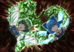 Rule 34 | &gt;:), 2girls, :o, ascot, blue eyes, blue hair, blush, bow, cirno, closed mouth, daiyousei, day, fairy wings, from below, green hair, hair bow, hole, ice, ice wings, looking at viewer, looking down, luke (kyeftss), multiple girls, neck ribbon, open mouth, puffy short sleeves, puffy sleeves, red ribbon, ribbon, short sleeves, side ponytail, smile, touhou, tree, v-shaped eyebrows, wings, yellow bow