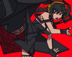 Rule 34 | 1girl, bad id, bad twitter id, bare shoulders, black dress, black gloves, black hair, dress, earrings, fingerless gloves, flower, gloves, gold hairband, hair flower, hair ornament, hairband, highres, jewelry, perspective, red background, red eyes, rose, sidelocks, solo, spy x family, two-sided dress, two-sided fabric, yaya hiyayaka, yor briar