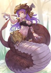 Rule 34 | 1girl, armlet, armor, breasts, character request, claws, cleavage, closed mouth, day, granblue fantasy, helmet, holding, jewelry, lamia, large breasts, long hair, looking at viewer, monster girl, outdoors, purple hair, scales, solo, tomamatto, tree