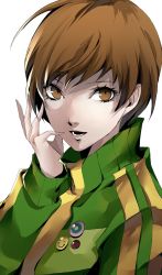 Rule 34 | 1girl, breasts, brown eyes, brown hair, clenched hands, closed mouth, finger to mouth, green jacket, grey background, hand on own face, hands up, high collar, highres, jacket, lips, looking at viewer, looking to the side, medium breasts, multiple views, open mouth, persona, persona 4, pertex 777, satonaka chie, shaded face, shadow, short hair, simple background, smile, swept bangs, track jacket, upper body, zipper