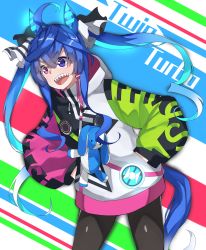 Rule 34 | 1girl, absurdres, ahoge, animal ears, aqua hair, text background, black pantyhose, blue eyes, blue hair, character name, colored inner hair, commentary, cowboy shot, drawstring, green jacket, hair ribbon, hands in pockets, heterochromia, highres, hood, hood down, hooded jacket, horse ears, horse girl, horse tail, huge filesize, jacket, kshimu, leaning forward, long hair, long sleeves, looking to the side, multicolored background, multicolored clothes, multicolored hair, multicolored jacket, open mouth, pantyhose, pink jacket, purple eyes, ribbon, sharp teeth, solo, standing, stuffed animal, stuffed rabbit, stuffed toy, tail, teeth, twin turbo (umamusume), twintails, umamusume, white ribbon
