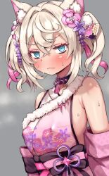 Rule 34 | 1girl, animal ears, armpit crease, atahuta, bare shoulders, blonde hair, blue eyes, blush, collar, covered erect nipples, detached sleeves, dog ears, dog girl, fur trim, grey background, hair between eyes, hair ornament, highres, hololive, hololive english, japanese clothes, kimono, mococo abyssgard, mococo abyssgard (new year), obi, sash, short twintails, sideless kimono, simple background, solo, sweat, twintails, virtual youtuber