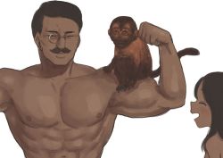 Rule 34 | 1boy, 1girl, abs, age difference, bare shoulders, blush, dark skin, closed eyes, facial hair, monkey, monocle, muscular, mustache, nitera1041, open mouth, original, simple background, white background