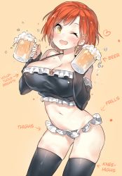 Rule 34 | 10s, 1girl, alcohol, alternate breast size, beer, blush, breasts, cleavage, drunk, earrings, elbow gloves, frilled panties, frills, gloves, green eyes, hair ornament, hairclip, hard-translated, holding, hoshizora rin, jewelry, large breasts, love live!, love live! school idol project, navel, one eye closed, open mouth, orange hair, panties, solo, thighhighs, third-party edit, translated, underwear, wet, wink, yuran