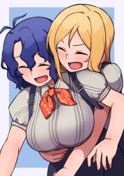 Rule 34 | 2girls, antenna hair, blonde hair, blue background, blue hair, blush, breasts, closed eyes, collared shirt, commentary, denim, denim skirt, grey shirt, hair between eyes, hug, hug from behind, idolmaster, idolmaster million live!, idolmaster million live! theater days, korean commentary, kwaejina, large breasts, long hair, mixed-language commentary, momose rio, multiple girls, neckerchief, open mouth, puffy short sleeves, puffy sleeves, red neckerchief, shirt, short hair, short sleeves, simple background, skirt, smile, striped clothes, striped shirt, summit reburn (idolmaster), suspender skirt, suspenders, toyokawa fuka, two-tone background, wavy hair, white background