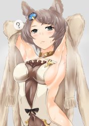 Rule 34 | 10s, 1girl, animal ears, armpits, bare back, breasts, cape, detached sleeves, erune, gachou, granblue fantasy, grey eyes, grey hair, hair ornament, halterneck, lips, long sleeves, looking at viewer, mole, mole under mouth, revision, short hair, solo, stella (granblue fantasy), sutera (granblue fantasy)