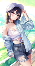 Rule 34 | 1girl, :o, arm up, bare shoulders, baseball cap, black hair, blouse, blue jacket, blue shorts, breasts, camisole, cleavage, collar, cowboy shot, crop top, cutoffs, dappled sunlight, denim, denim shorts, ear piercing, earrings, hand on headwear, hat, highres, jacket, jewelry, long hair, long sleeves, looking at viewer, medium breasts, midriff, off shoulder, open clothes, open jacket, open mouth, original, piercing, purple eyes, ribbed shirt, ring, shirt, short shorts, shorts, sleeveless, sleeveless shirt, solo, spaghetti strap, sunlight, torn clothes, white hat, white shirt, yugirlpict