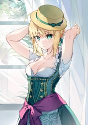 Rule 34 | 1girl, ahoge, alternate costume, arms up, artoria pendragon (all), artoria pendragon (fate), bare arms, blonde hair, bow, breasts, cleavage, collarbone, commentary request, cowboy shot, dress, fate/stay night, fate (series), green dress, green ribbon, hair ribbon, hat, highres, kamiowl, looking at viewer, medium breasts, purple bow, ribbon, saber (fate), solo, standing