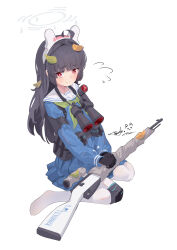 Rule 34 | 1girl, absurdres, ahoge, animal ears, binoculars, black hair, blue archive, blue serafuku, blue skirt, bolt action, bright pupils, closed mouth, commentary request, fake animal ears, green neckerchief, grey halo, gun, halo, highres, knee pads, leaf, leaf on head, long hair, long sleeves, magicgirlpaz, miyu (blue archive), mosin-nagant, neckerchief, pantyhose, pleated skirt, pouch, rabbit ears, red eyes, rifle, sailor collar, school uniform, scope, serafuku, signature, simple background, single knee pad, sitting, skirt, solo, wariza, weapon, white background, white pantyhose, white pupils, white sailor collar
