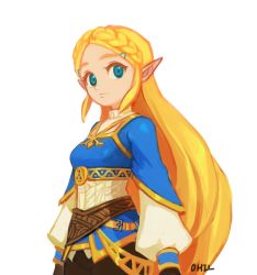 Rule 34 | 1girl, artist name, blonde hair, blue eyes, braid, breasts, crown braid, french braid, hair ornament, hairclip, highres, long hair, long sleeves, nintendo, ohil (ohil822), pointy ears, princess zelda, simple background, small breasts, solo, straight hair, the legend of zelda, the legend of zelda: breath of the wild, thick eyebrows, triforce, very long hair, white background
