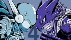 Rule 34 | 2boys, anger vein, beelzebumon, blue theme, clenched hand, clenched teeth, commentary, covering face, digimon, digimon (creature), digimon tamers, english commentary, eye mask, from side, fur trim, gun, jacket, justimon, limited palette, mechanical arms, multiple boys, profile, scarf, short hair, single mechanical arm, spiked hair, taqrider, teeth, upper body, weapon