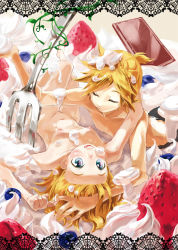 Rule 34 | 1boy, 1girl, aqua eyes, bad id, blonde hair, blush, brother and sister, cake, closed eyes, cream, flat chest, food, foreshortening, fork, fruit, gyorui (toura minato), hetero, incest, kagamine len, kagamine rin, lying, nipples, nude, on back, open mouth, pastry, plus7, ponytail, short hair, siblings, smile, strawberry, twincest, twins, vocaloid