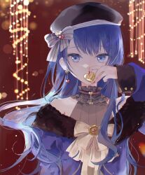 Rule 34 | 1girl, bare shoulders, beret, black hat, blue dress, blue eyes, blue hair, bow, collar, covered mouth, dress, frilled collar, frills, grey bow, hat, hat bow, highres, kiritani haruka, koppan, long hair, looking at viewer, official alternate costume, official alternate hair length, official alternate hairstyle, project sekai, red nails, solo, swept bangs, take the best shot! (project sekai), upper body, white bow