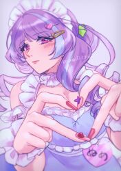 Rule 34 | 1girl, anno (bambi1103no), artist name, blue dress, blue hair, blush, breasts, cleavage, dress, expressionless, fingernails, frilled dress, frills, grey background, hair ornament, hairclip, heart, heart hair ornament, heart hands, highres, long fingernails, looking at viewer, macross, macross delta, maid headdress, medium breasts, mikumo guynemer, multicolored hair, pink lips, red nails, solo, streaked hair