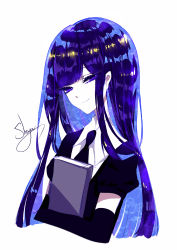 Rule 34 | 1other, absurdres, androgynous, artist name, black gloves, black necktie, black shirt, blue eyes, blue hair, blunt bangs, book, chinese commentary, commentary request, cropped torso, elbow gloves, eyelashes, gem uniform (houseki no kuni), gloves, head tilt, highres, holding, holding book, houseki no kuni, lapis lazuli (houseki no kuni), long hair, looking at viewer, necktie, pale skin, puffy short sleeves, puffy sleeves, sheya, shirt, short sleeves, sidelocks, signature, simple background, smile, solo, upper body, white background, wing collar