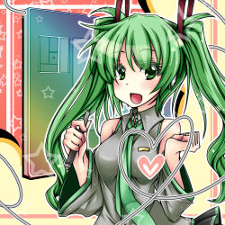 Rule 34 | 1girl, aqua eyes, aqua hair, bad id, bad pixiv id, drawing tablet, green eyes, green hair, hair ribbon, hatsune miku, heart, heart of string, heart on chest, highres, matching hair/eyes, mecha to identify, necktie, open mouth, pako (moto paco), pen, ribbon, solo, star (symbol), twintails, vocaloid