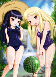 Rule 34 | 10s, 2girls, blonde hair, brown eyes, cameltoe, collarbone, commentary request, competition school swimsuit, covered navel, ebi daruma, covered erect nipples, food, fruit, hat, hidaka koharu, high score girl, highres, knees, legs, licking, multiple girls, net, old school swimsuit, one-piece swimsuit, oono akira, popsicle, school swimsuit, shochuumimai, straw hat, swimsuit, thighs, tongue, tongue out, watermelon