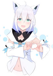 Rule 34 | 1girl, :d, ahoge, animal ears, bad id, bad pixiv id, blue eyes, blush, braid, chinese commentary, commentary request, cowboy shot, detached sleeves, fox ears, hair between eyes, heart, heart hands, highres, hololive, ieufg, long hair, looking at viewer, open mouth, shirakami fubuki, shirakami fubuki (1st costume), side braid, signature, smile, solo, virtual youtuber