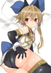Rule 34 | 1girl, ass, black gloves, blonde hair, blue bow, blush, bow, closed mouth, cowboy shot, elbow gloves, gloves, golgi hon, hair between eyes, hair bow, hair over shoulder, hand on own ass, highres, long hair, looking at viewer, meryl star, pointy ears, red eyes, shawl, shinrabanshou, simple background, sleeveless, smile, solo, twintails, white background