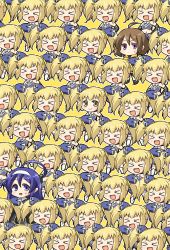 Rule 34 | &gt;:), &gt; &lt;, 6+girls, :d, absurdres, ahoge, blonde hair, blue eyes, blue hair, brown hair, commentary request, hairband, highres, huge ahoge, itsuka neru, jitome, linne, mika returna, multiple girls, multiple persona, open mouth, orie ballardiae harada, recurring image, smile, sweatdrop, twintails, under night in-birth, white hairband, xd