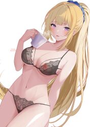 Rule 34 | 1girl, absurdres, bare shoulders, black bra, blonde hair, blush, bra, breasts, cleavage, coffee mug, collarbone, cup, hair ornament, high ponytail, highres, karuizawa kei, lace, lace-trimmed bra, lace-trimmed panties, lace trim, large breasts, lingerie, long hair, looking at viewer, mug, navel, nipples, open mouth, panties, ponytail, purple eyes, see-through, see-through bra, see-through panties, simple background, solo, swimsuit, thighs, twitter username, underwear, underwear only, white background, xueli shimazaki, youkoso jitsuryoku shijou shugi no kyoushitsu e