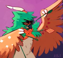Rule 34 | 1other, arm up, arrow (projectile), artist name, beak, body fur, brown fur, brown wings, closed mouth, creatures (company), decidueye, feathered wings, from side, furry, game freak, gen 7 pokemon, green fur, half-closed eyes, hand up, highres, kay (kf1n3), nintendo, orange eyes, other focus, pokemon, pokemon (creature), purple background, signature, simple background, sketch, solo, standing, white fur, wings
