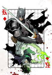Rule 34 | 2boys, absurdres, armor, bandaged arm, bandages, batman, batman (series), black cape, black sclera, breastplate, cape, card, clenched hand, cloak, colored sclera, dan mora, dark knights of steel, dc comics, green eyes, grey hair, grin, helmet, highres, holding, holding sword, holding weapon, king (playing card), king of diamonds, looking at viewer, magic, male focus, multiple boys, pauldrons, playing card, purple cloak, short hair, shoulder armor, smile, sword, the joker, torn cape, torn cloak, torn clothes, vambraces, weapon