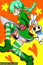Rule 34 | 1girl, annie (skullgirls), belt, belt pouch, bloomers, boots, braid, brown belt, delpha crisis, dress, eyepatch, green dress, green footwear, green hair, green thighhighs, heart, holding, holding sword, holding weapon, long hair, long sleeves, looking at viewer, pouch, print dress, red background, sagan (skullgirls), sharp teeth, skullgirls, smile, star (symbol), star print, striped clothes, striped thighhighs, stuffed animal, stuffed rabbit, stuffed toy, sword, teeth, thighhighs, tongue, tongue out, twin braids, two-tone background, underwear, weapon, white bloomers, yellow background, yellow eyes