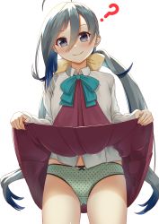 Rule 34 | 1girl, ?, ahoge, aqua bow, aqua bowtie, blue eyes, blue hair, blush, bow, bow panties, bowtie, closed mouth, clothes lift, collared shirt, cowboy shot, crotch seam, dress, dress lift, green panties, grey hair, hair between eyes, highres, kantai collection, kiyoshimo (kancolle), lifted by self, long hair, long sleeves, low twintails, multicolored hair, panties, polka dot, polka dot panties, purple dress, shirt, simple background, smile, solo, twintails, underwear, very long hair, white background, white shirt, zuki